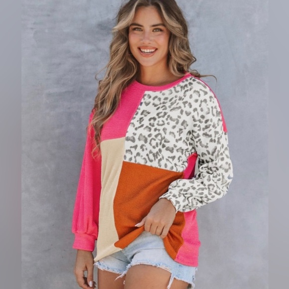 NEW ROSE LEOPARD LONG SLEEVE TOP | Ribbed  Color Block Plus Size 2XL - Picture 9 of 11